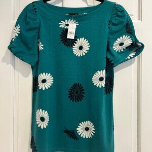 NEW Ann Taylor Teal Daisy Print Puff Sleeve Top Feminine Floral Blouse XS - NWT
